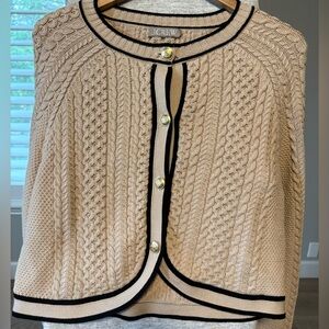 J.CREW Cable-Knit Cropped Cardigan Sweater Beige w/Black Trim Size L